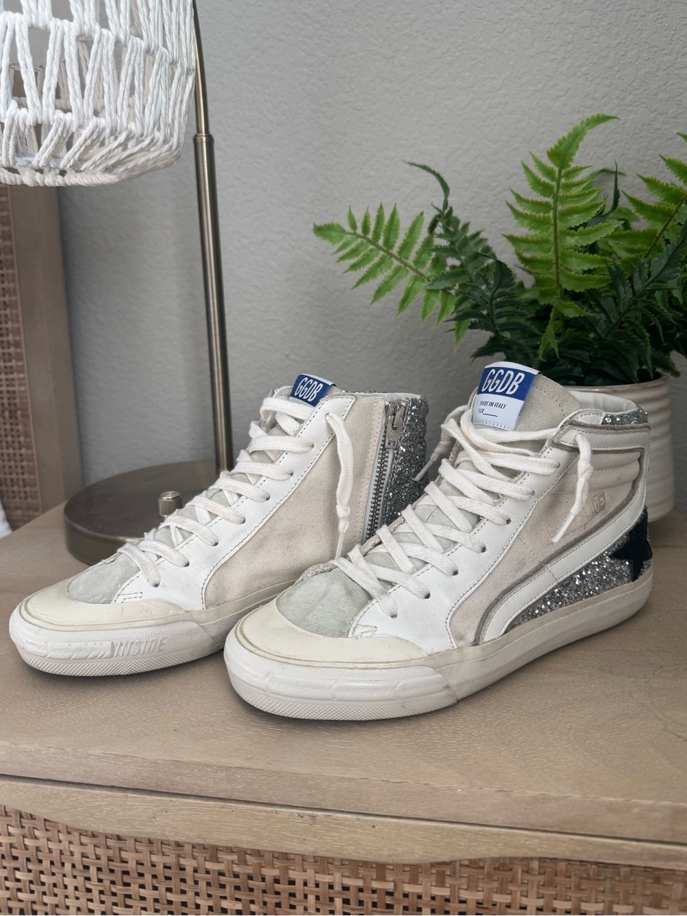 EUC Golden Goose Slide High-Top Sneakers with Silver Glitter Accents Black Star - Picture 1 of 13